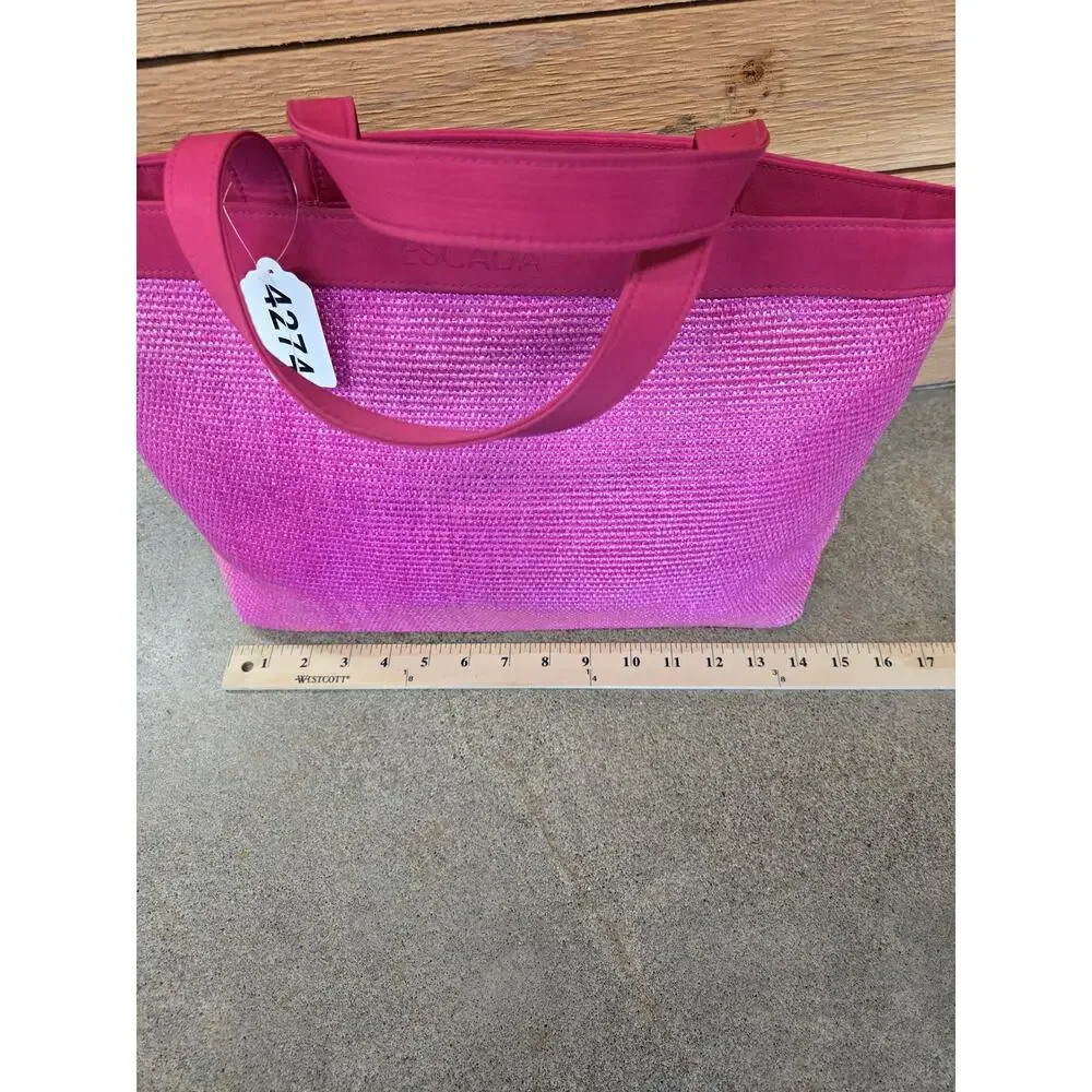 Escada Barbiecore Pink Woven Straw Leather Trim‎ Summer Beach Tote Bag OS